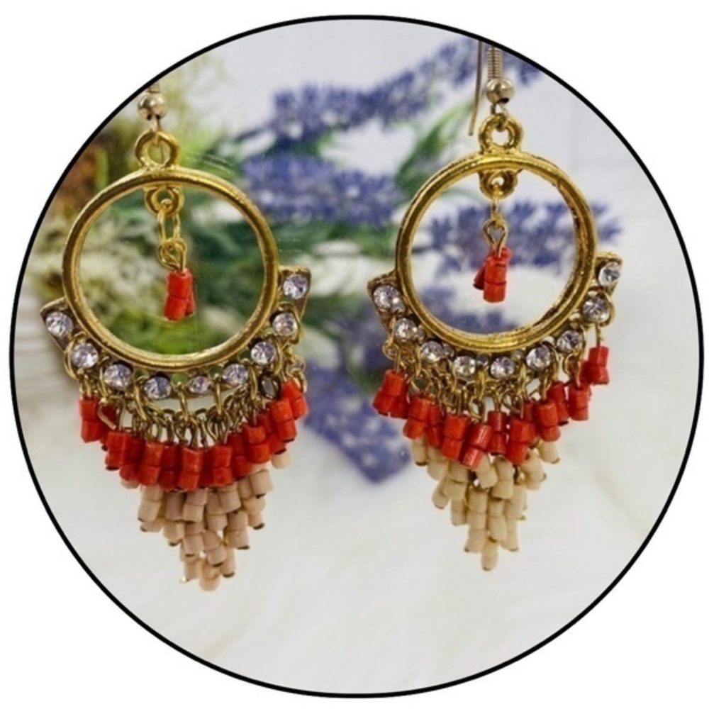 Beige and Coral Hook Accent Earrings